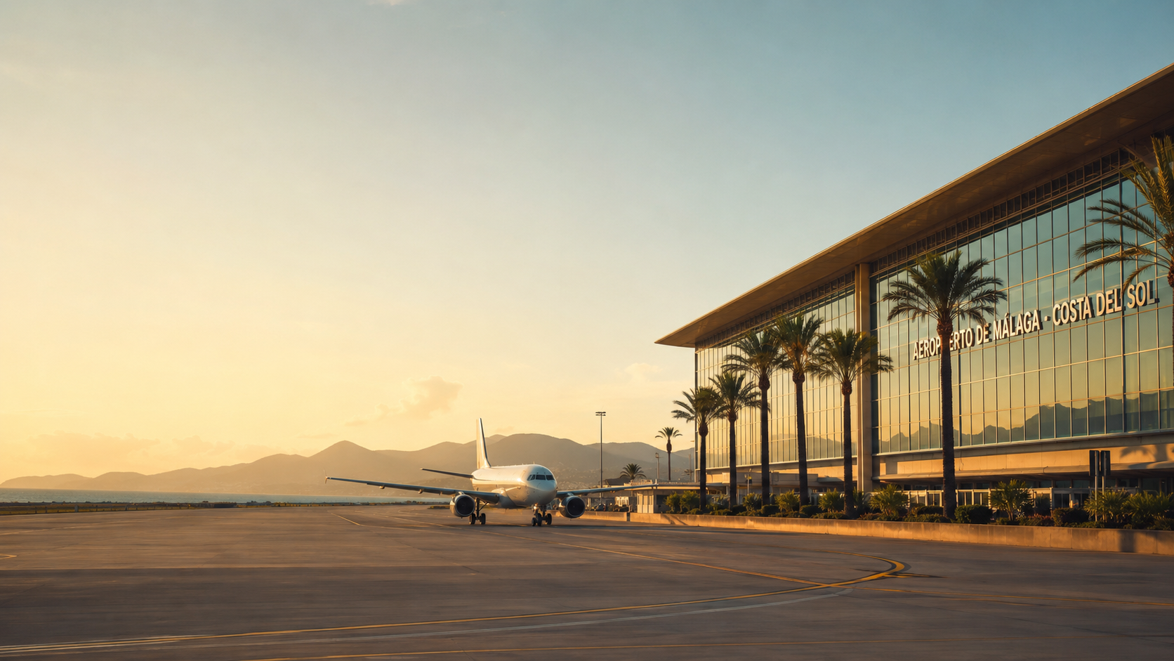 Vliegtuig op het platform van luchthaven Málaga-Costa del Sol bij zonsondergang